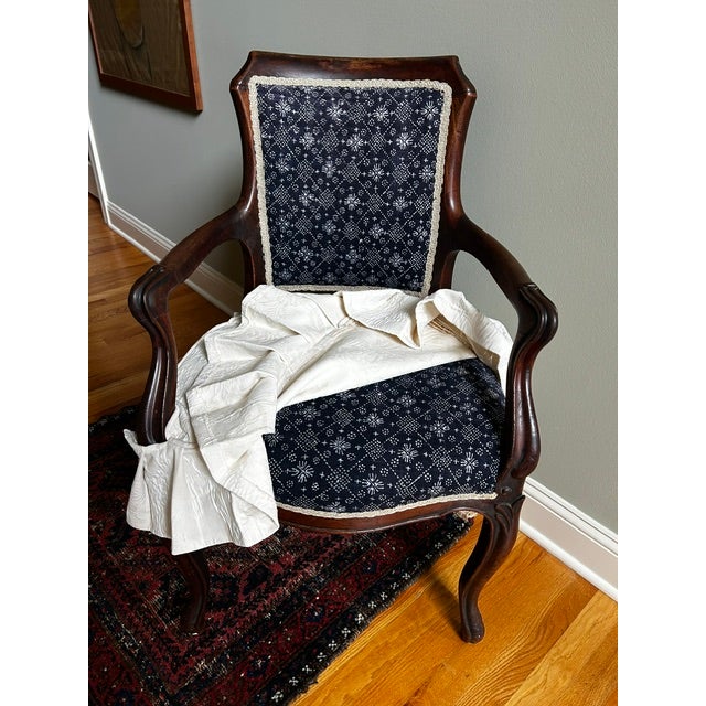 Antique Blue and White Batik Upholstered English Wood Accent Chair For Sale - Image 14 of 16
