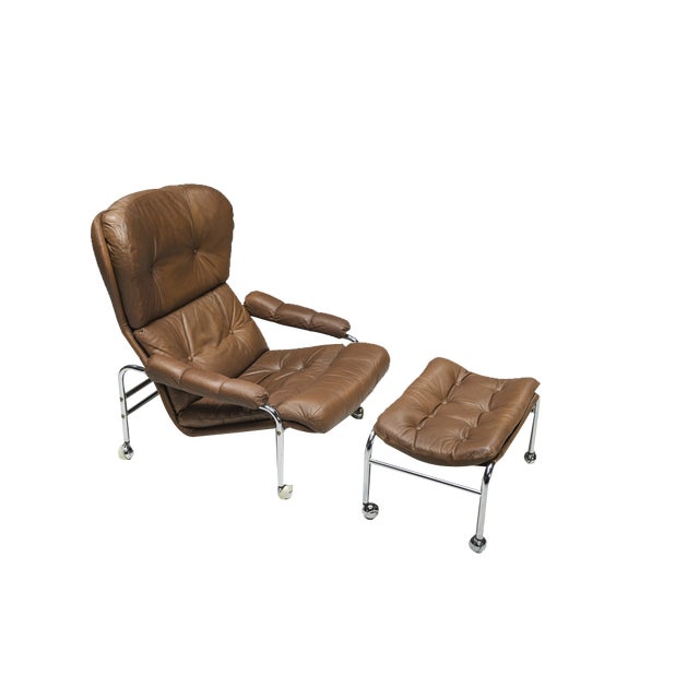 Set of Swedish Lounge Chair and Ottoman in Chrome and Brown Leather by Scapa Rydaholm, 1960s For Sale