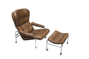 Set of Swedish Lounge Chair and Ottoman in Chrome and Brown Leather by Scapa Rydaholm, 1960s