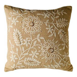 Botanical Embroidered Linen Color Cotton Pillow Self Welt Feather Down Insert For Sale
