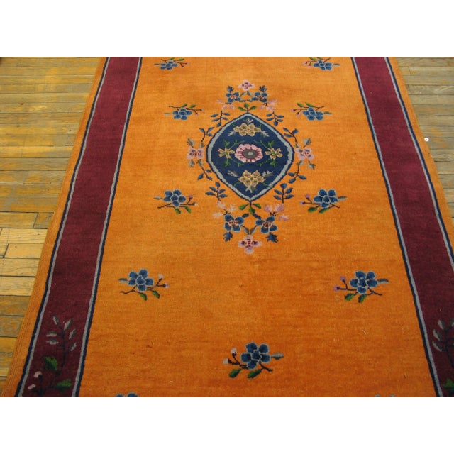 Art Deco 1920s Orange Medallion Traditional Antique Chinese Art Deco Hand Knotted Rug 4 X 10' Wool Carpet For Sale - Image 3 of 5
