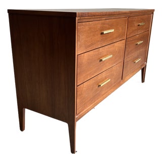 Mid Century Modern Walnut and Brass Lowboy Dresser by Broyhill For Sale