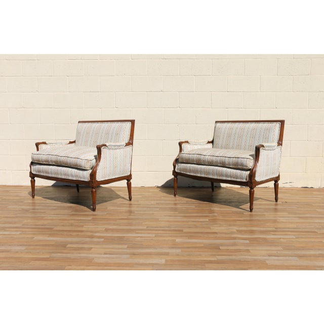 Pair of Antique French Louis XVI Style Upholstered Loveseats, Circa 1950s For Sale - Image 14 of 18