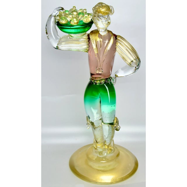 Teal Pair of Tall Mid 20th Century Gilded Murano Art Glass Figures by Gino Fort For Sale - Image 8 of 13