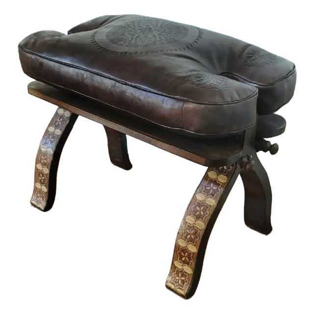 Handcrafted Moroccan Camel Saddle, Genuine Leather Cushion Stool in Dark Brown For Sale