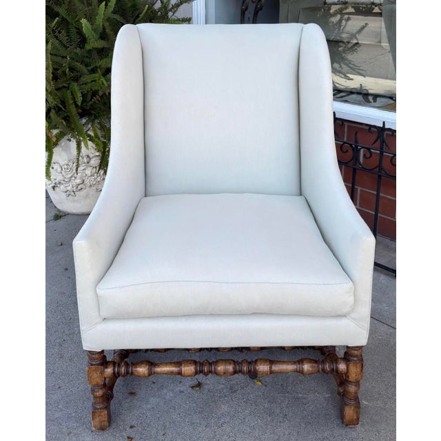 18c Style Dennis & Leen Wingback Arm Chair W Nancy Corzine Fabric - 1 of 2 Available For Sale In Los Angeles - Image 6 of 6