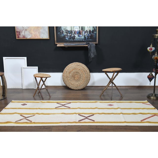 1970s Vintage Turkish Handmade Wool & Cotton White Runner Rug For Sale - Image 4 of 11