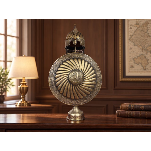Hand Forged Calligraphy Brass Helmet Shield Display Set For Sale In Los Angeles - Image 6 of 12
