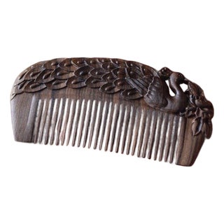 Antique-Style Chinese Agarwood Comb With Hand-Carved Peacock Detail For Sale