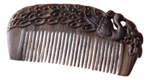 Antique-Style Chinese Agarwood Comb With Hand-Carved Peacock Detail