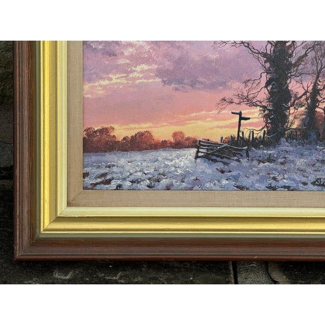 Late 20th Century Winter Sunset with Snow - Pink, Orange & Purple Sky in the English Countryside 1987 For Sale - Image 5 of 9