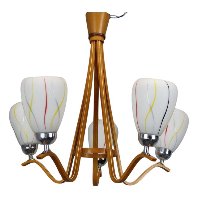 Mid-Century Wooden Chandelier with Glass Shades, Czechoslovakia, 1970s For Sale