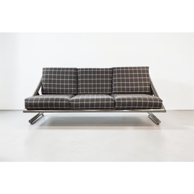 Metal Mid Century Chrome Sofa by Italian Designer Plato Ginello, With Pollack Wool Plaid Fabric For Sale - Image 7 of 12