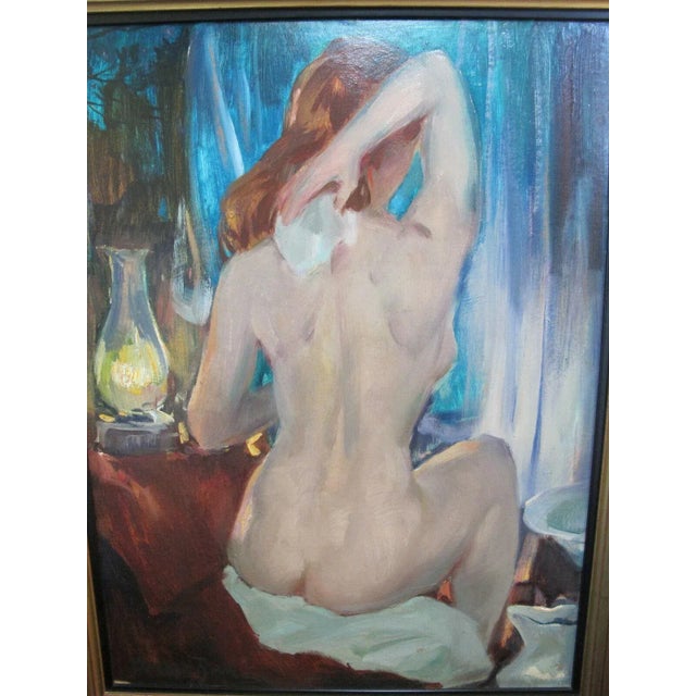 George Rich (American 20th c.), "Bathing Woman" Oil painting on panel Image measures 24" x 18" Gilt wood frame measures 29...