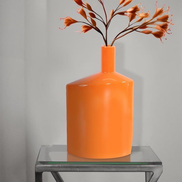 Contemporary Orange Valencia Askewed Tall Bottle Vase For Sale - Image 3 of 11