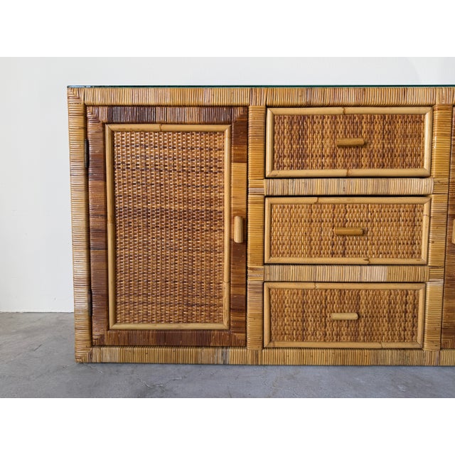 Mid-Century Modern Vintage Coastal Woven Rattan Wrapped Cabinet With Wood Trim & Glass For Sale - Image 3 of 12