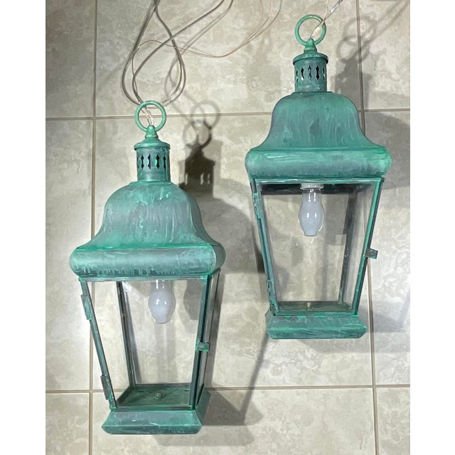 Pair of Vintage Solid Brass Hanging Lanterns. 20”.5 H X 8”.5w X 8”.5 W For Sale - Image 16 of 17