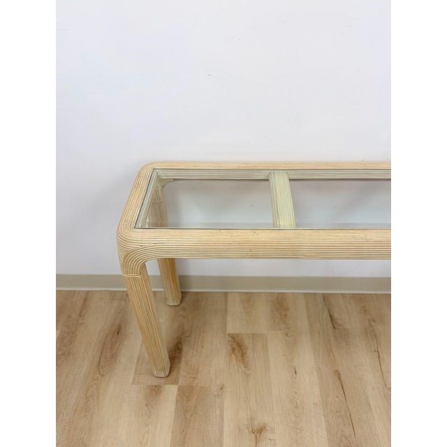 Mid 20th Century Vintage Console Table Lightwash Pencil Reed Glass Top Coastal Boho MCM For Sale - Image 5 of 10