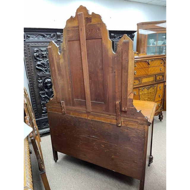 Antique 1930's Bedroom Mirrored Dresser, Hand Carved Walnut, Burl Inlay, Beveled Glass Mirror, 5 Drawers For Sale - Image 13 of 16