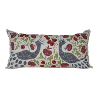 Hand-Embroidered Peacock Suzani Pillow Cover – Animal Runner for Boho-Chic Interiors 18'' X 33'' For Sale