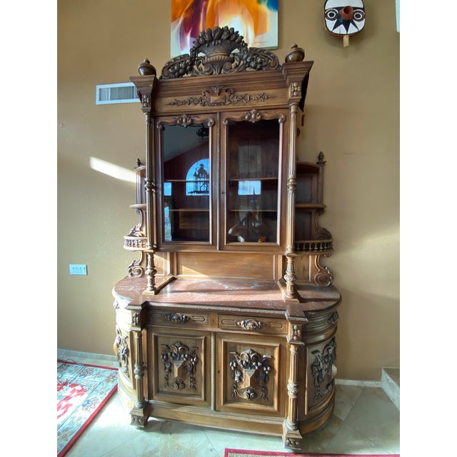 Renaissance Antique French Renaissance Style Heavily Carved Walnut Buffet Hutch With Glass Doors (Jg) For Sale - Image 3 of 16