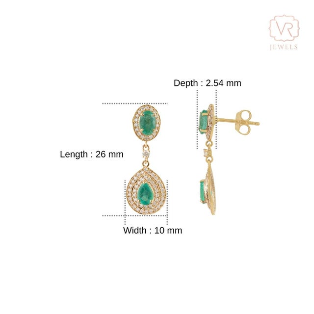 1.68ct Pear-Cut Emerald & Diamond Double Halo Drop Earrings in 14k Yellow Gold- 2 Pieces For Sale - Image 10 of 14