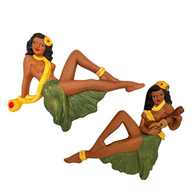 Original pair of Hawaiian Art Pottery Nude Hawaiian Hula girl wall sculptures by Fond Memories in Kailua-Kona, Hawaii....