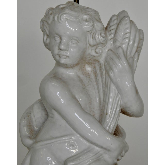 20th Century Pair of White Glazed Terracotta Cherub Lamps on Wooden Bases For Sale - Image 4 of 10
