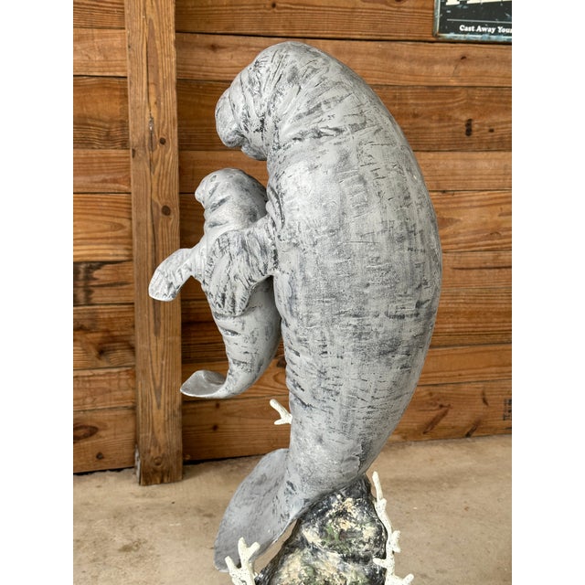 1970’s Coastal Cast Aluminum Life Sized Sculptural Manatee Faux Coral ...