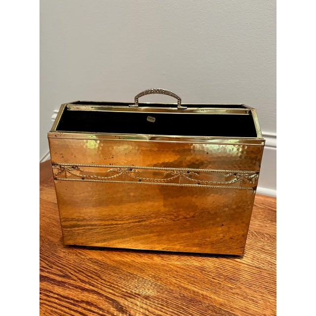 English Vintage Hammered Brass Magazine Rack -Elegant English Design, Great Condition” For Sale - Image 3 of 11