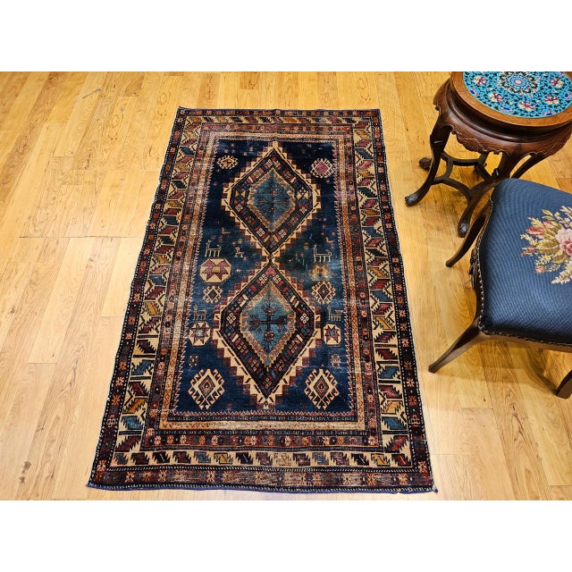 19th Century 19th Century Caucasian Kazak Area Rug, Hand-Knotted Wool, Blue & Ivory, 4' x 6' For Sale - Image 5 of 18