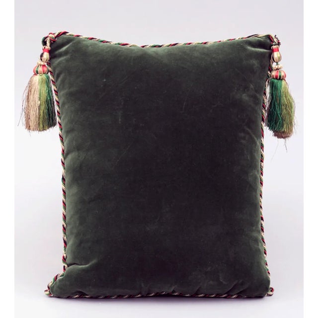 Victorian partially beaded red wool pillow decorated with lilies and roses, antique trim and tassels. The back covered in...