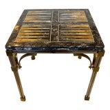 Mixed Stone Inlaid Backgammon Game Side Table on Brass & Chrome Base For Sale