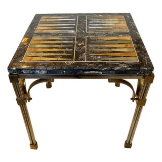 Mixed Stone Inlaid Backgammon Game Side Table on Brass & Chrome Base For Sale