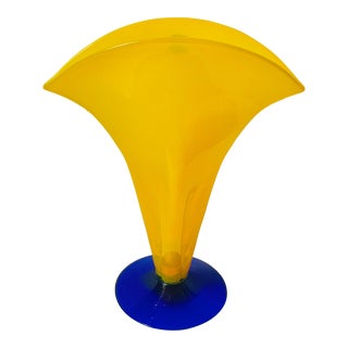 Blenko Art Glass Hand Blown Tulip Fluted Vase in Opaline Yellow With Cobalt Base, Signed Richard Blenko 2000 For Sale