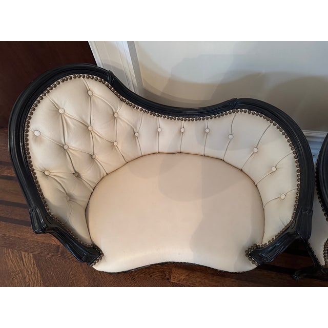 French Provincial Unique Carved Mahogany Mini Settees With Tufted Leather/Slipper Chair/Bench - Manufacturer Samples For Sale - Image 3 of 7