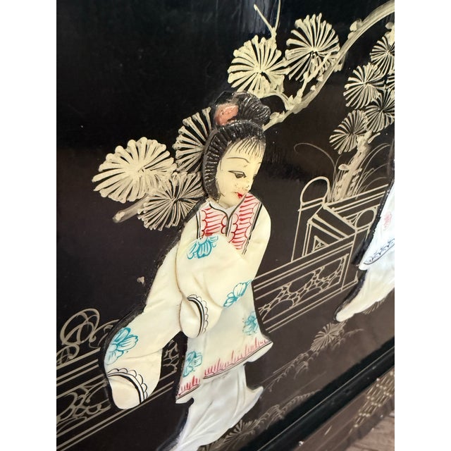 Black Vintage Chinese Lacquer Cabinet Sideboard W/ Raised Hardstone Mother of Pearl Figural Inlay For Sale - Image 8 of 8