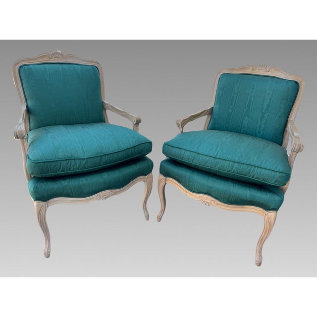 Sam Moore French Style Bergere Armchairs With Teal Blue Upholstery by Sam Moore, a Pair For Sale - Image 4 of 14