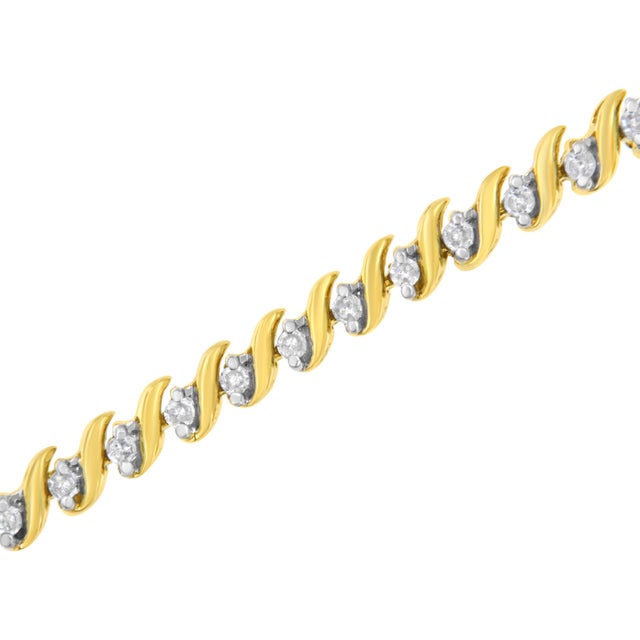 Contemporary 10K Yellow Gold Plated .925 Sterling Silver 1/2 Cttw 2-Prong Set Diamond S Link Tennis Bracelet (I-J Color, I3 Clarity)- 7.25" For Sale - Image 3 of 7