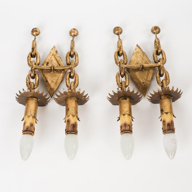 1950s Spanish Mid-Century Gold Leaf Iron 2-Light Sconces - A Pair For Sale - Image 4 of 6