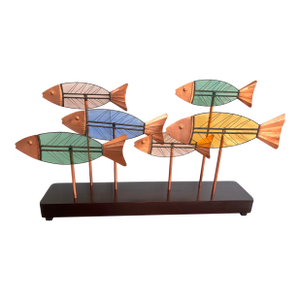 Vintage Leaded Slag Glass and Copper School of Fish Sculpture Styled After Curtis Jere