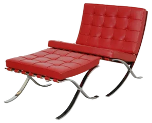 Set of Red Leather Barcelona Chair with Ottoman by Ludwig Mies Van Der Rohe
