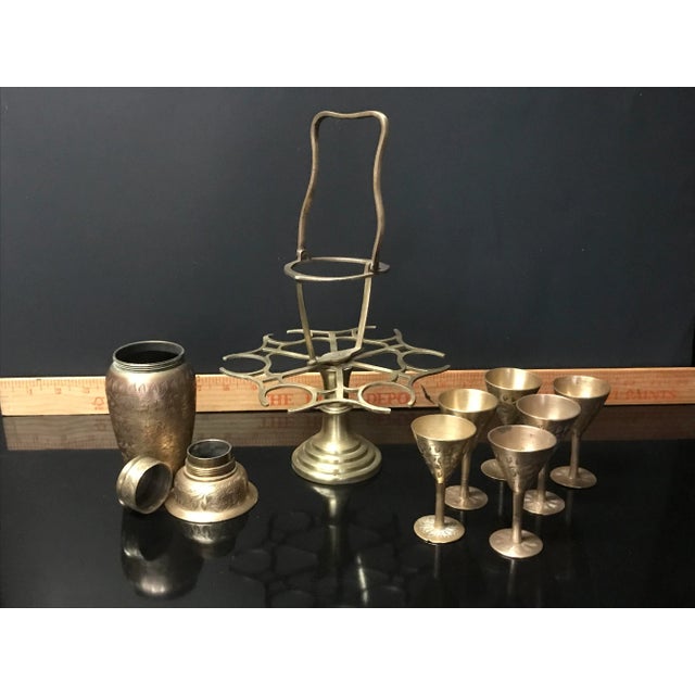 Brass 1930s Etched Brass Shaker and Shot Glasses on a Carousal - Set of 8 For Sale - Image 8 of 13