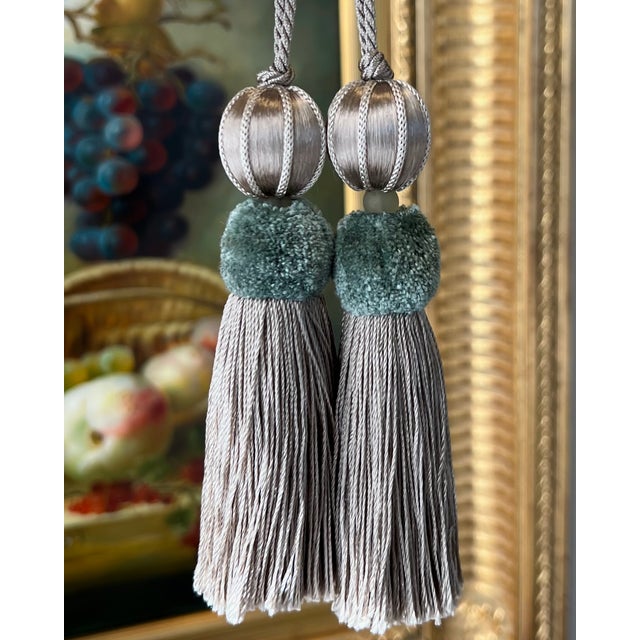 2020s Aqua and Taupe Satin Beaded Key Tassel With Cut Velvet Detail For Sale - Image 5 of 17