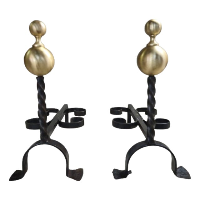 Wrought Iron Andirons with Cast Plain Bronze Ball, 1970s, Set of 2 For Sale