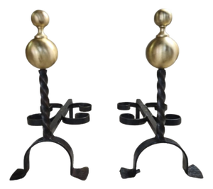 Wrought Iron Andirons with Cast Plain Bronze Ball, 1970s, Set of 2