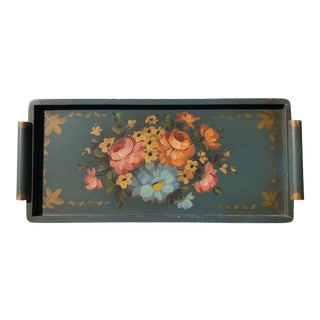 Avocado Green Long Hand Painted Wooden Tole Tray- Vintage For Sale