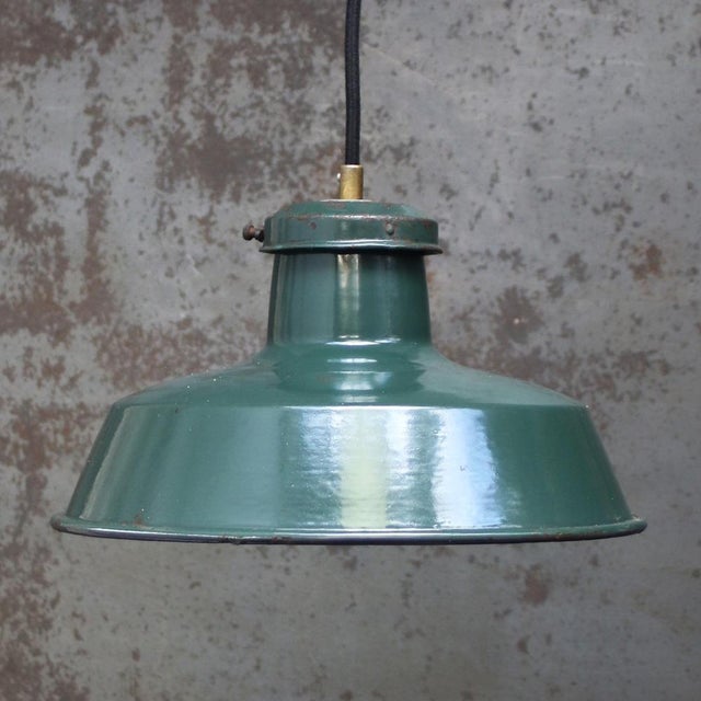 French factory pendant by sammode, france dark petrol green enamel white interior brass top e27 / e26 i have official...