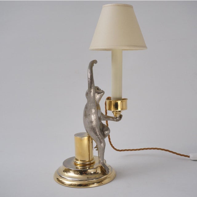1970's Italian Surrealist Monkey Candlestick Table Lamp by Hauy Pouigo, Signed, Silver Plated Bronze & Brass - Rewired For Sale - Image 6 of 14