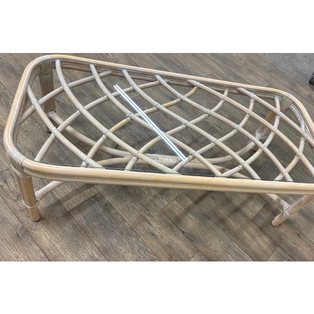 Vintage MCM Style Organic Coastal Rattan Bamboo Glass Coffee or Cocktail Table For Sale - Image 9 of 11